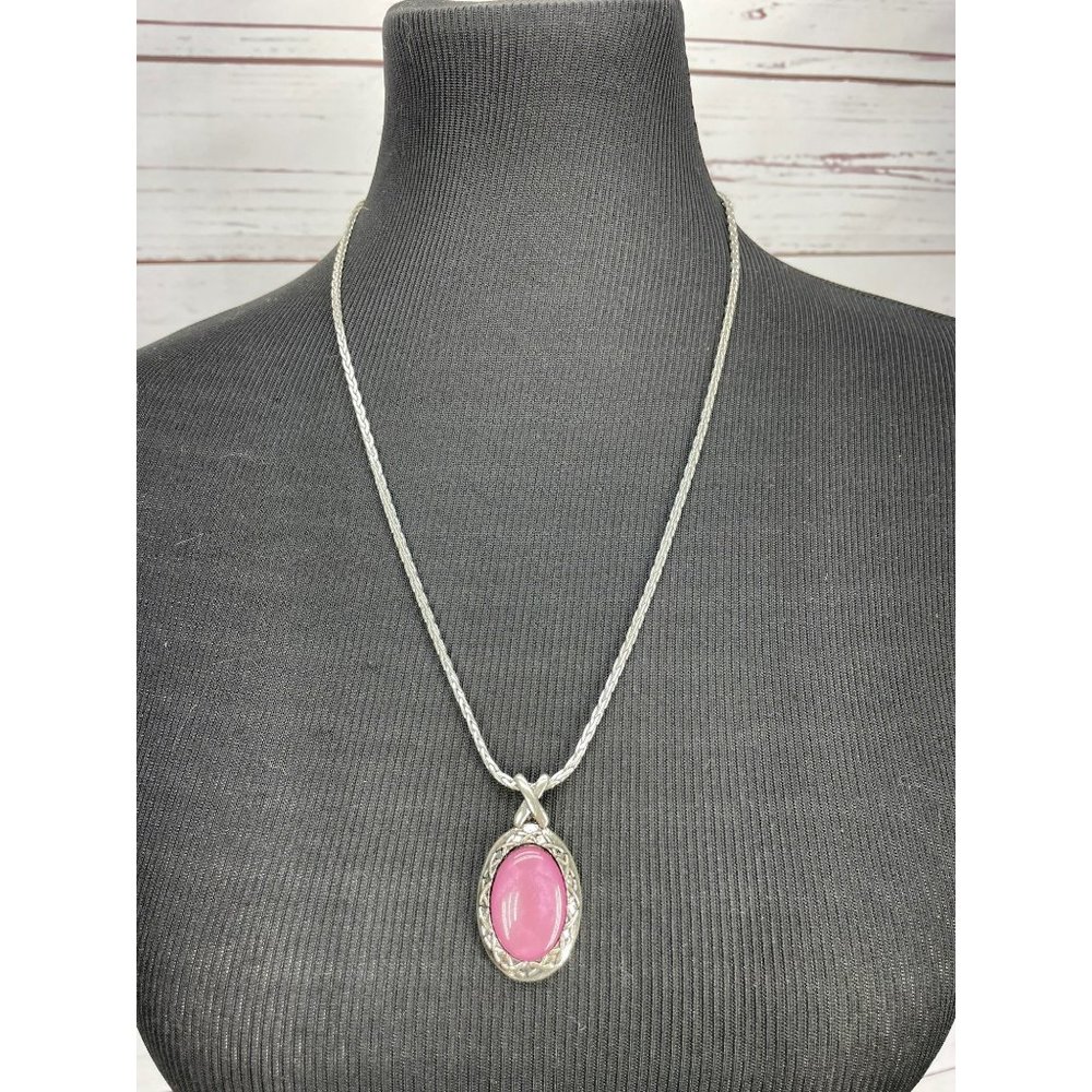 Vintage Boho Pink Mauve Rose Colored Oval Stone Pendant X Emborder Silver Neckla